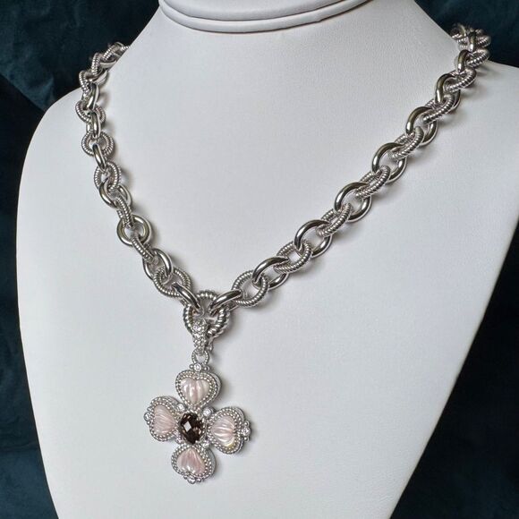 Judith Ripka 925 Silver Pink MOP Heart + CZ Maltese Cross Pendant Chain Necklace - Picture 8 of 17